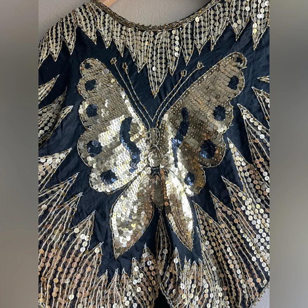 New Elegance Anujan 100% Silk Sequined Golden Butterfly Design Top Women Small - Picture 4 of 10
